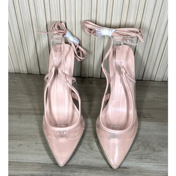 ASOS Clear Pointed Pink Blush Lace Up Heels Size 6 - Picture 2 of 7